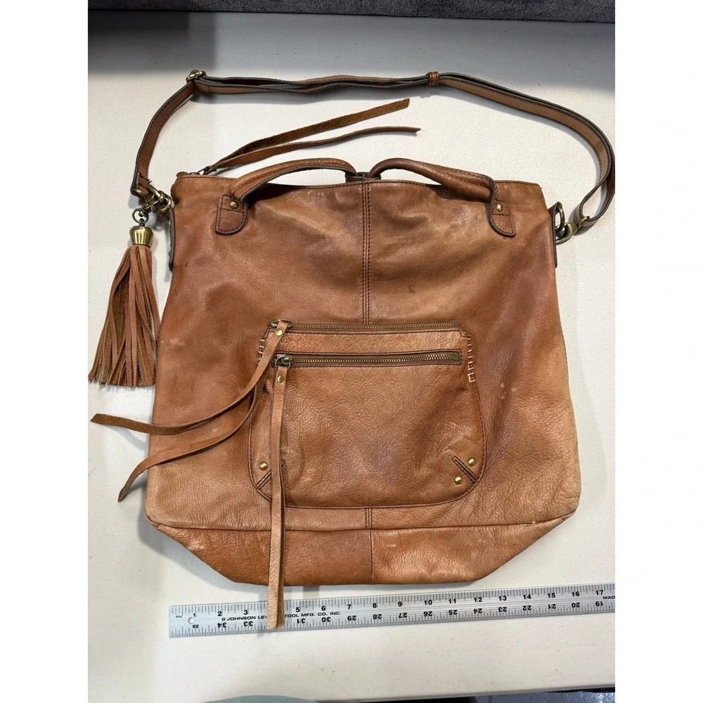 The Sak Tan Leather Hobo Crossbody Bag Tassel Boho‎ Cognac Large Tote